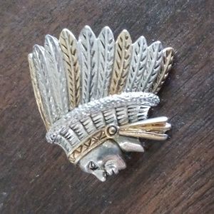 Vintage Chief Indian with Headdress Pendant silver &  gold tone signed MJ